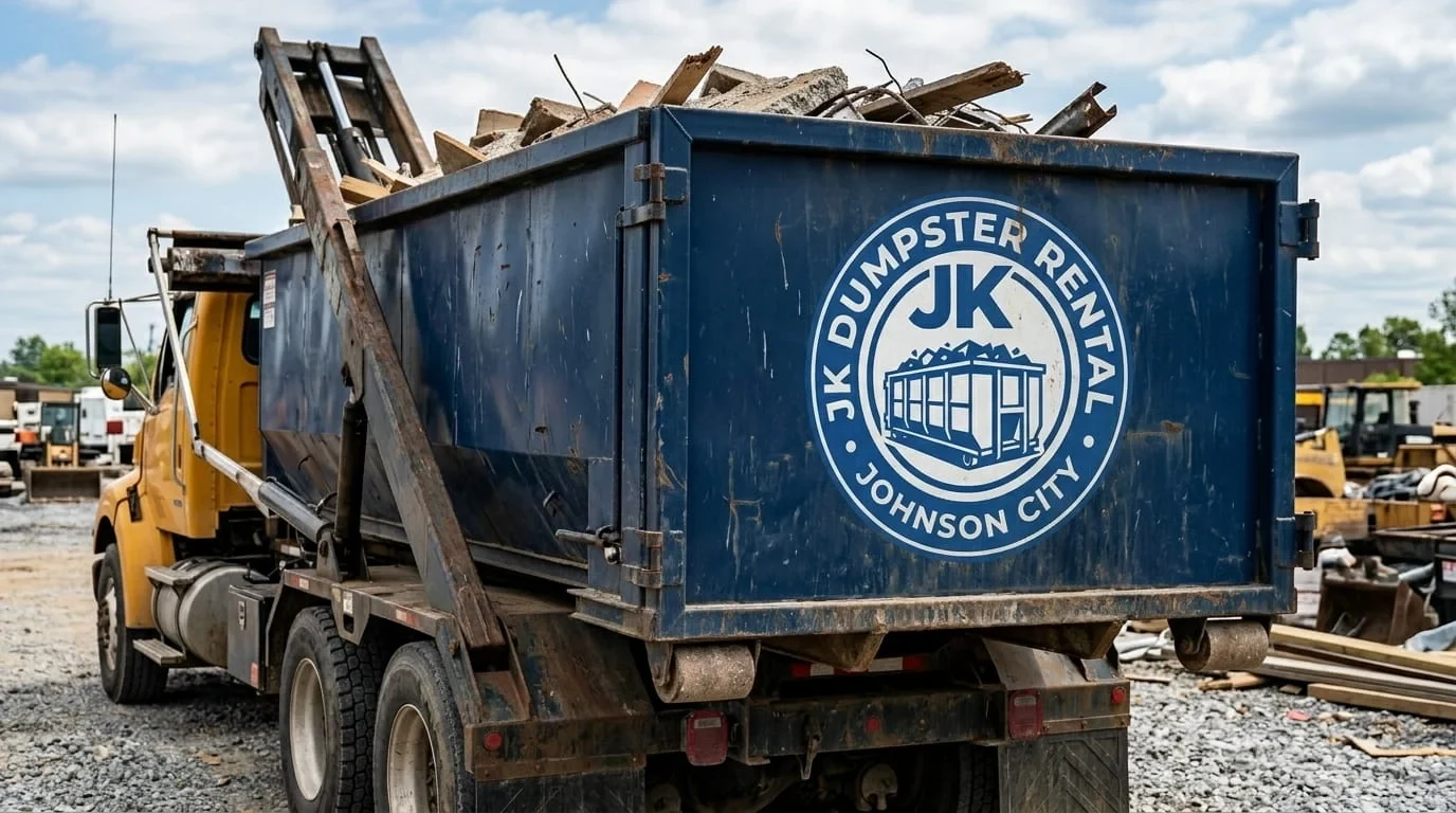 JK Dumpster Rental truck hauling a loaded 40 yard dumpster from a job site in Washington County