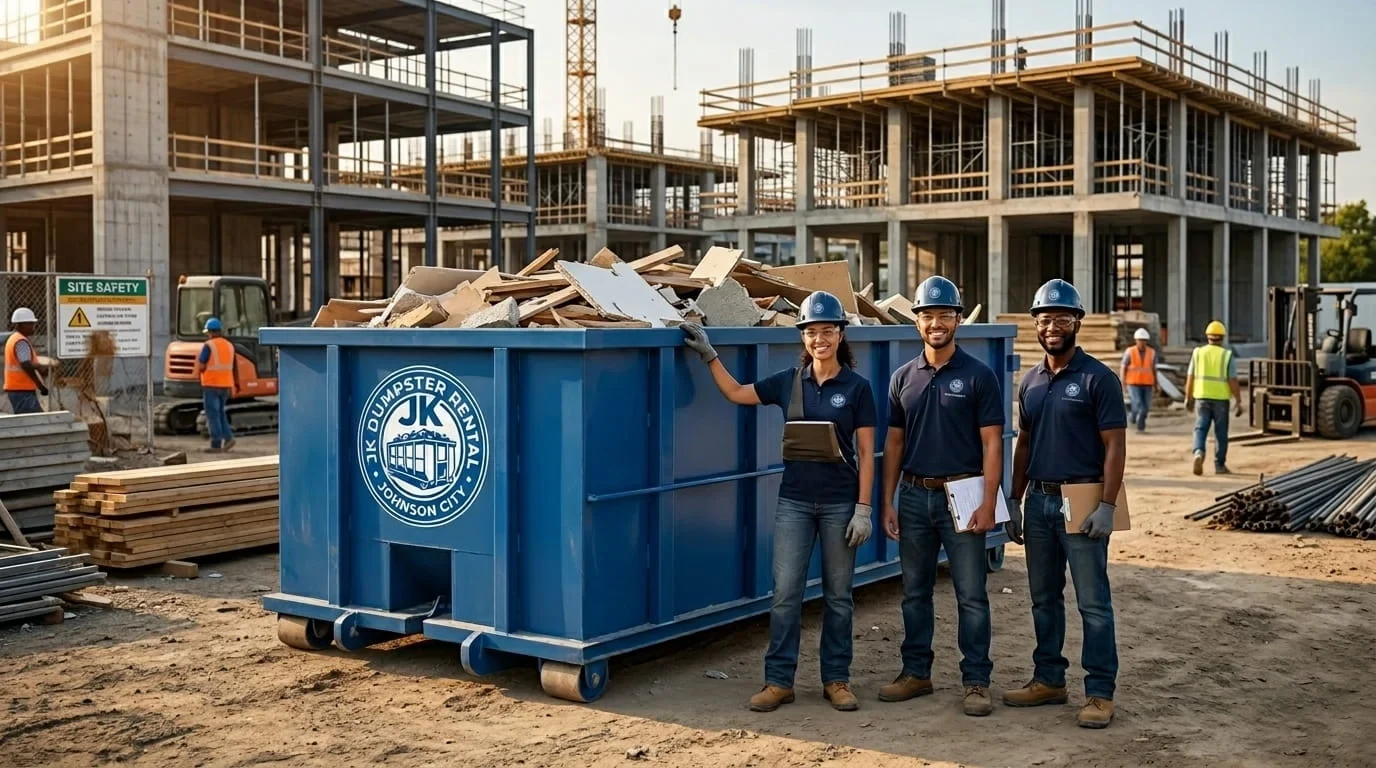 JK Dumpster Rental crew posed at a concrete high-rise construction site near downtown Johnson City, TN