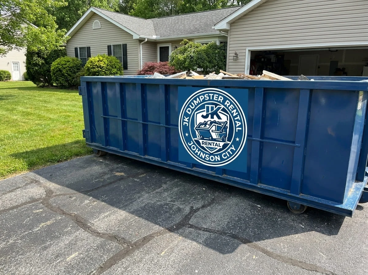 A roll-off container staged and ready for delivery for JK Dumpster Rental in Johnson City, TN