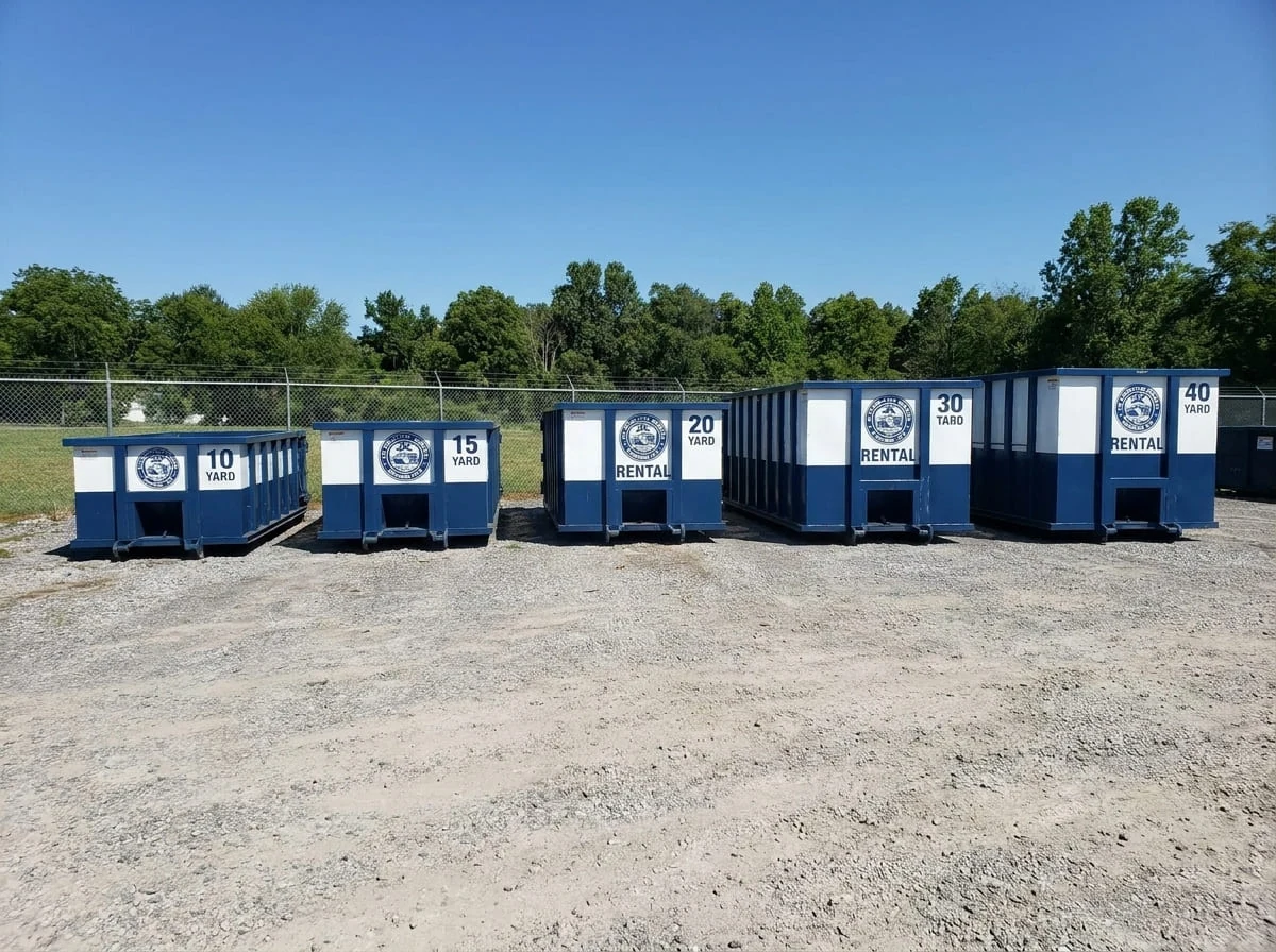 The full lineup of 10, 15, 20, 30 and 40 yard roll-off dumpsters available from JK Dumpster Rental in Johnson City, TN