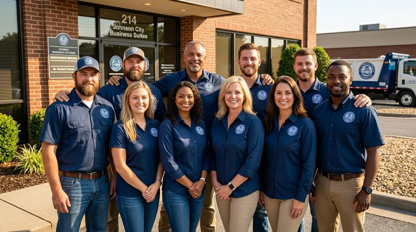 JK Dumpster Rental office and dispatch team outside the company building in Johnson City, TN