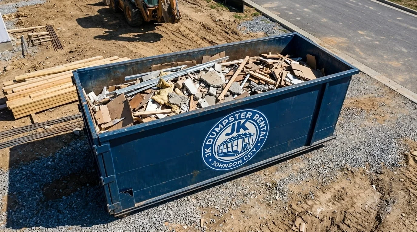Fully loaded roll-off dumpster with a backhoe nearby, representing a large cleanup load in Johnson City, TN